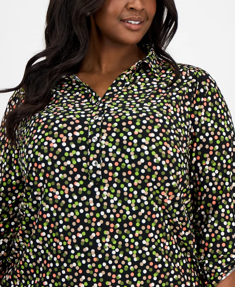 Ak Anne Klein Plus Button Roll-Tab Printed Blouse