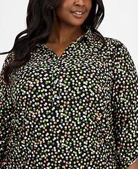 Ak Anne Klein Plus Button Roll-Tab Printed Blouse