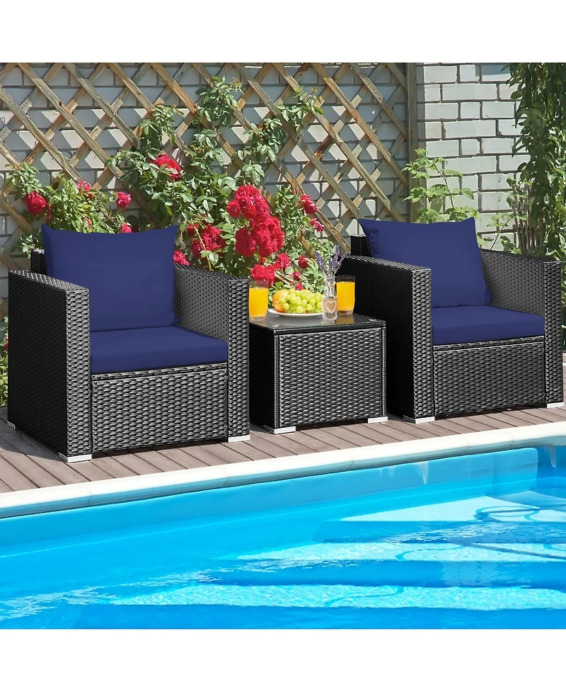 Gymax 3 Piece Rattan Outdoor Patio Conversation Furniture Set w/ Cushions