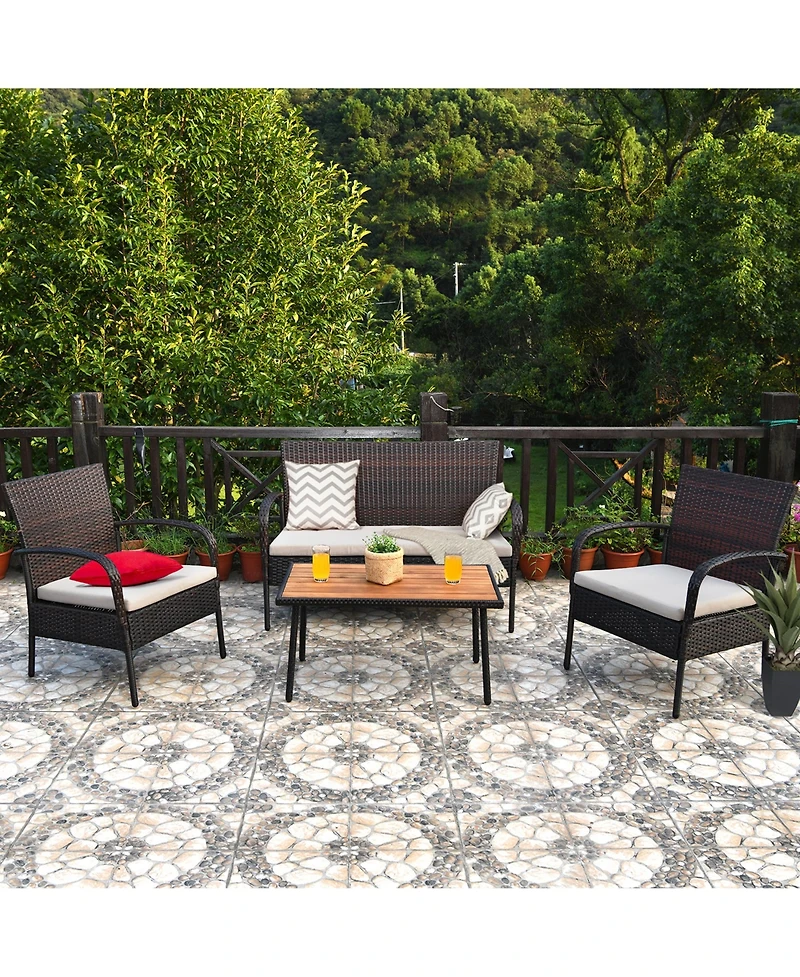 Gymax 4 Piece Rattan Outdoor Furniture Set Patio Conversation Set w/ Cushions