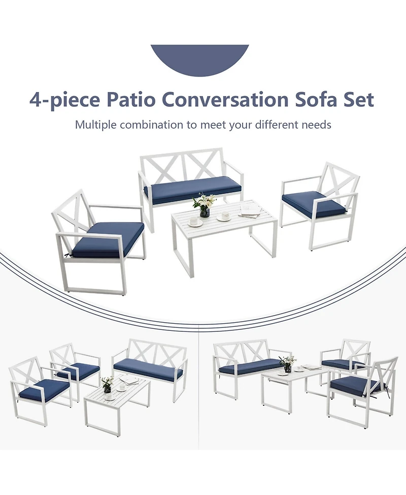 Gymax 4 Piece Outdoor Conversation Set Patio Furniture Set Metal Frame w/ Cushions