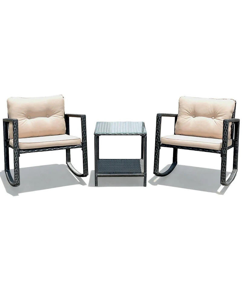 Gymax Set of 3 Rattan Patio Furniture Set Rocking Chair Table Set w/ Cushions