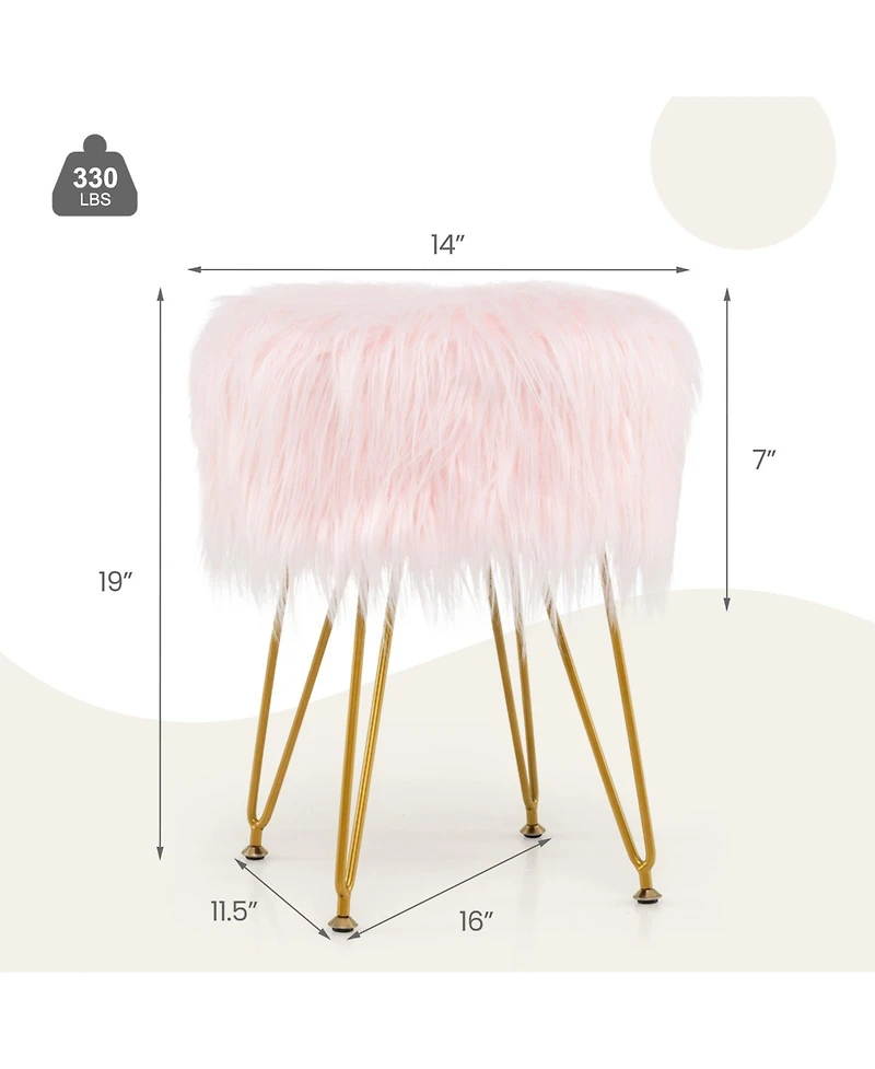 Faux Fur Vanity Stool Chair with Metal Legs for Bedroom and Living Room