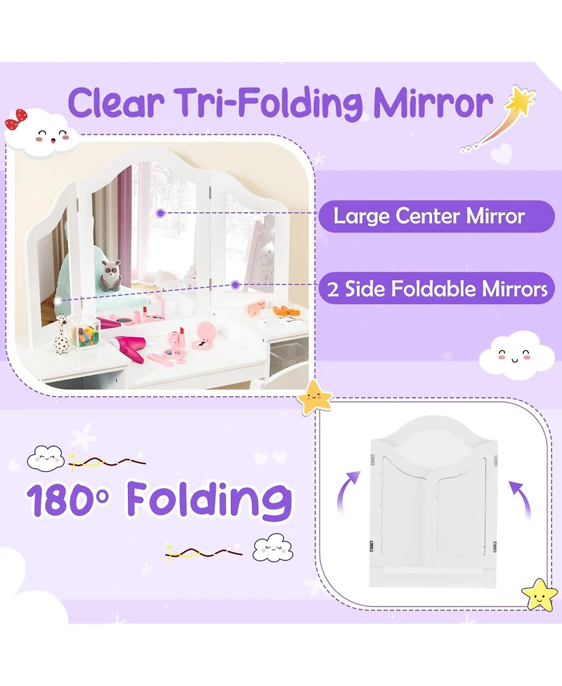 Kids Vanity Table and Chair Set with Removable Tri-Folding Mirror