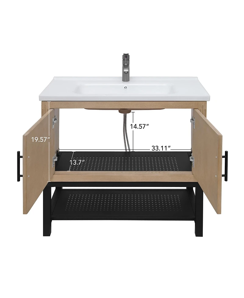 Casainc 36" Bathroom Vanity with White Ceramic Sink & Faucet,Freestanding Bathroom Cabinet with 2 Storage Doors and Open iron Shelf