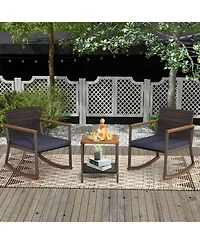 3 Pieces Rattan Rocking Bistro Set with Table and Cushions