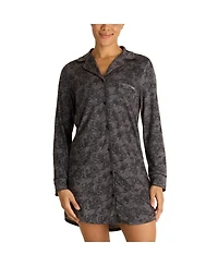 Tahari Women's Long Sleeve Button Up Notch Collar Nightshirt with Piping and Pocket