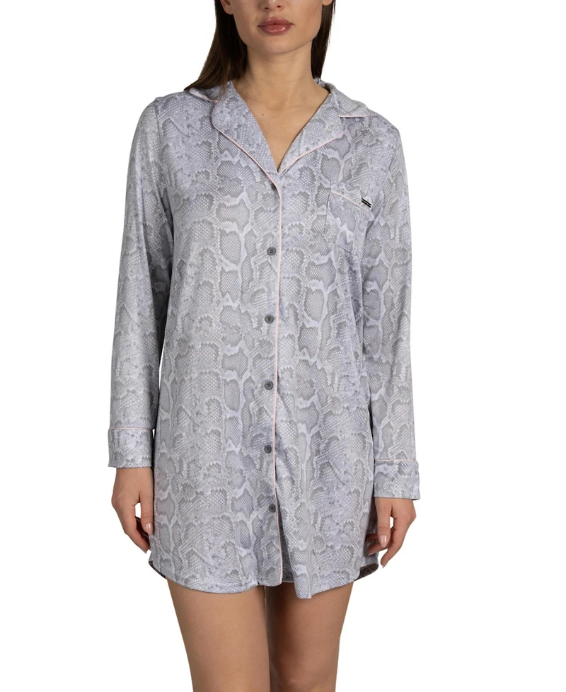 Tahari Women's Long Sleeve Button Up Notch Collar Nightshirt with Piping and Pocket