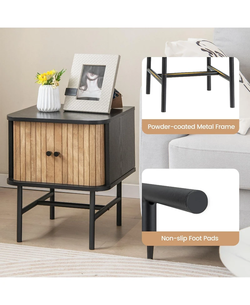 Mid-century Modern Nightstand with Sliding Doors and Storage Cabinet