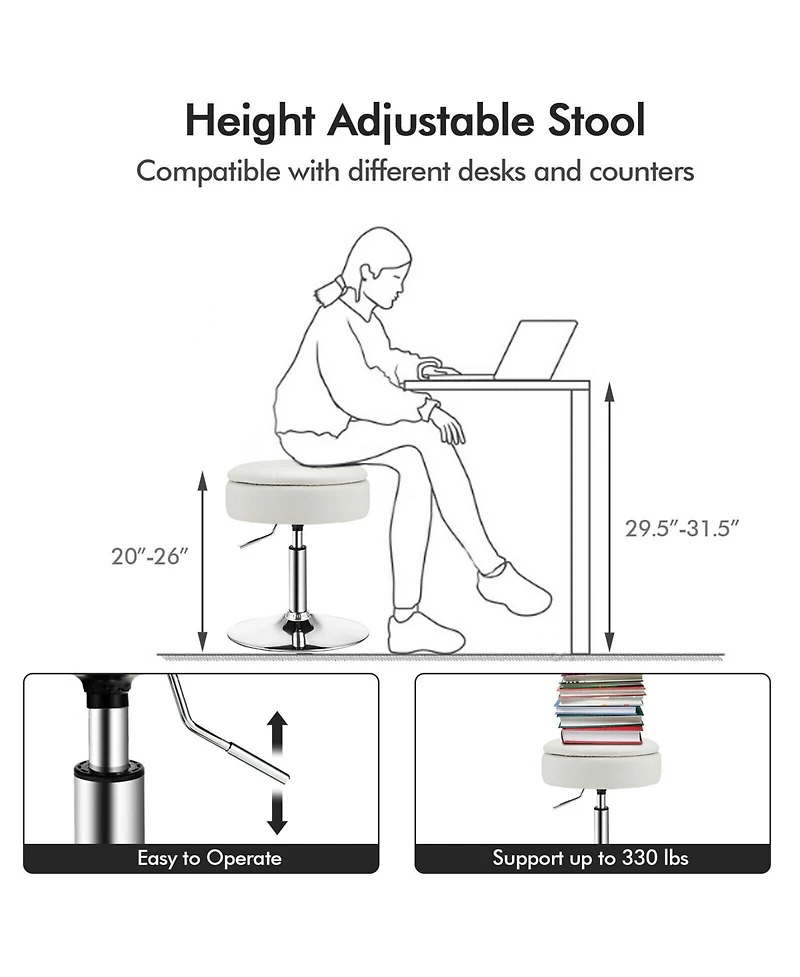 Adjustable 360° Swivel Storage Vanity Stool with Removable Tray