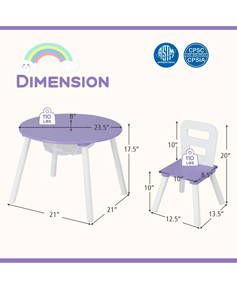 Wood Activity Kids Table and Chair Set with Center Mesh Storage