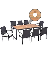 9 Pieces Patio Rattan Dining Set with Acacia Wood Table for Backyard Garden-l-shaped Handrail