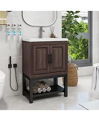 Casainc 24" Bathroom Vanity with White Ceramic Sink & Faucet,Freestanding Bathroom Cabinet with 2 Storage Doors and Open iron Shelf