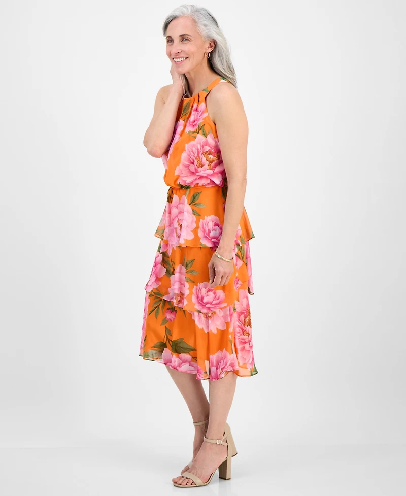 Robbie Bee Petite Tiered Floral-Print Halter Midi Dress