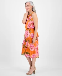 Robbie Bee Petite Tiered Floral-Print Halter Midi Dress