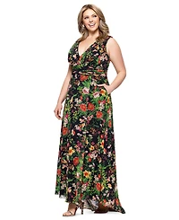 Betsy & Adam Plus Size Floral Print V-Neck Sleeveless Gown