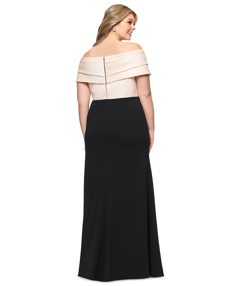Betsy & Adam Plus Mixed-Material Off-The-Shoulder Gown