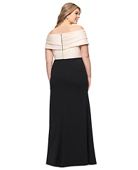 Betsy & Adam Plus Mixed-Material Off-The-Shoulder Gown