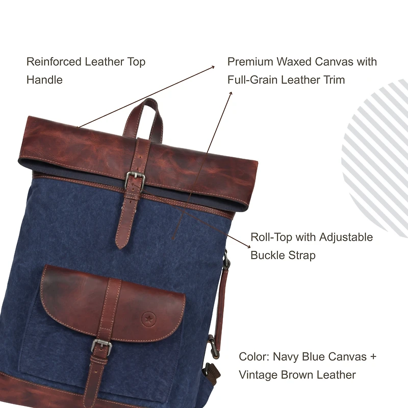 Vintage Canvas Roll Top Backpack with Leather Trim, Laptop Compartment, Adjustable Straps & Front Pocket – Stylish and Durable Travel, School o