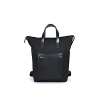 Sleek Black Laptop Backpack with Leather Trim, Dual Carry Handles, Padded Laptop Sleeve, Zip Closure, Adjustable Straps, Water-Resistant Nylon Body &#