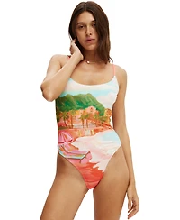 Cotton On Women's Thin-Strap Low-Scoop One Piece Cheeky Swimsuit