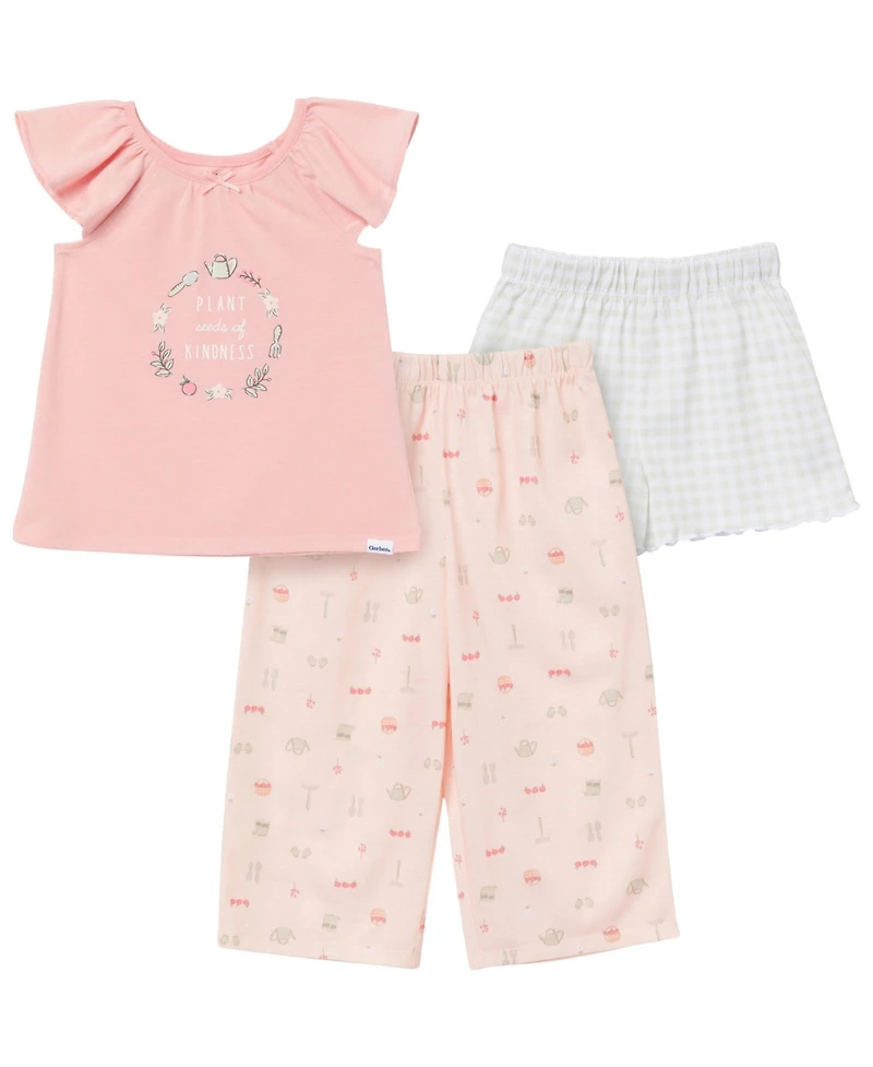 Gerber Toddler Girls 3-Piece T-Shirt, Shorts & Pants Pajama Set, Garderning, 5T