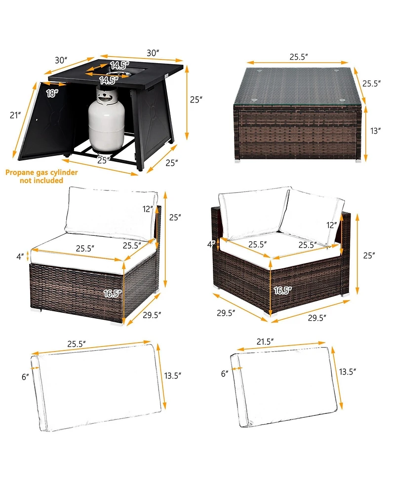 Gymax 7PCS Rattan Patio Sectional Furniture Set w/ 30'' Fire Pit Table & Cushion