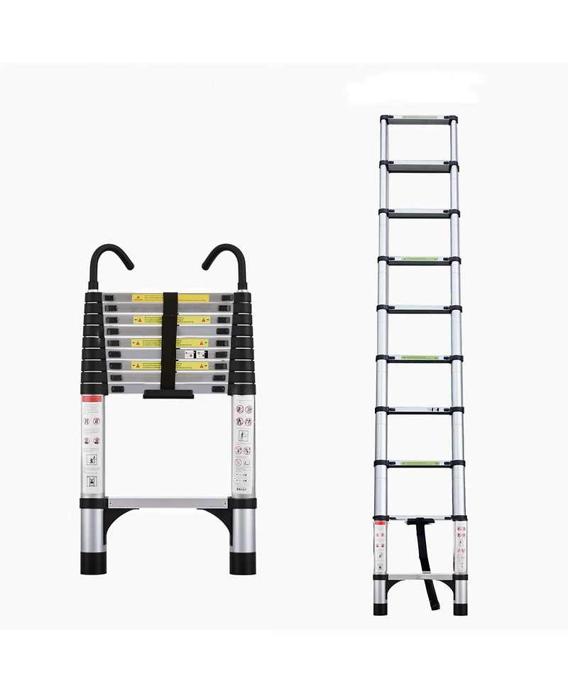 Telescopic ladder, 9.5 foot aluminum button telescopic ladder with 2 triangular stabilizers and hooks, multi-purpose ladder, maximum load-bearing capa
