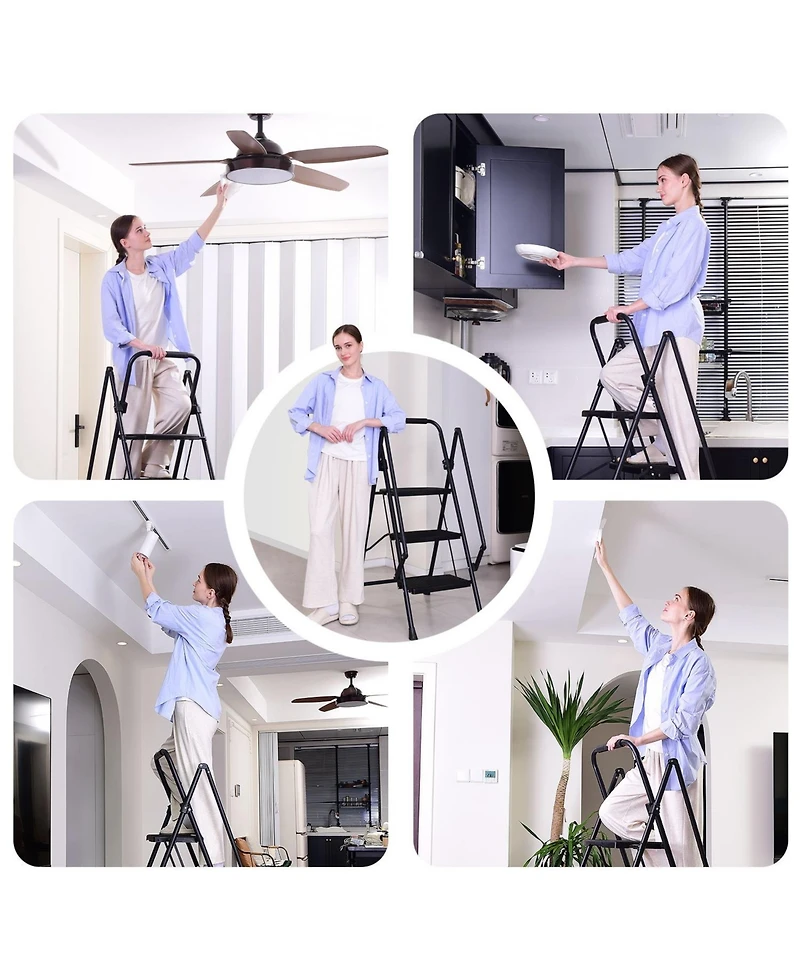 Four step ladder, lightweight folding four step stool, wide anti slip pedal and safety handle, sturdy steel ladder, multi-purpose step ladder, suitabl