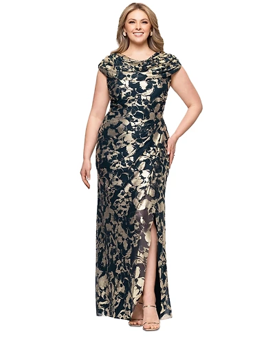 Betsy & Adam Plus Metallic Print Cowlneck Gown