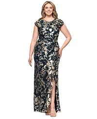 Betsy & Adam Plus Size Metallic Print Cowlneck Gown