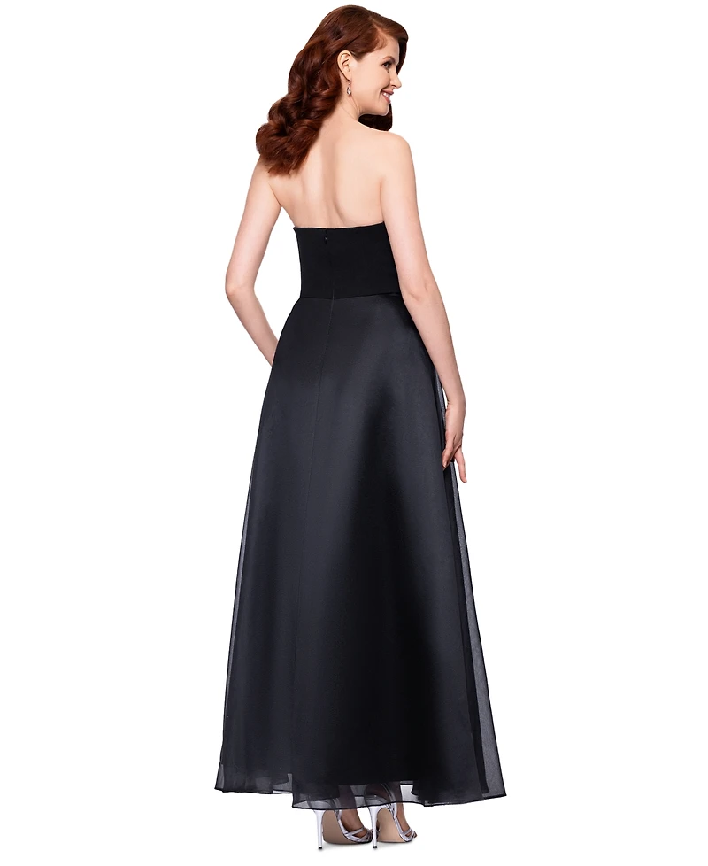 Betsy & Adam Petite Mixed-Material Strapless Ball Gown