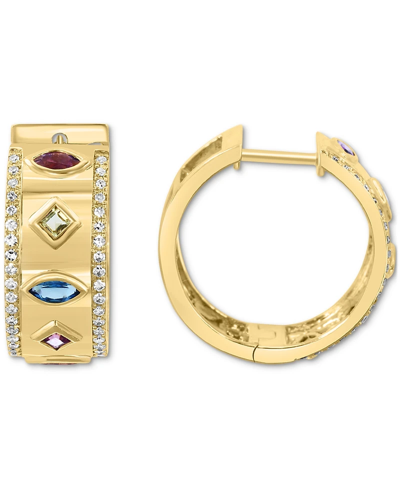 Effy Multi-Gemstone (3/4 ct. t.w.) & Diamond (1/4 ct. t.w.) Small Hoop Earrings in 14k Gold, 0.71"