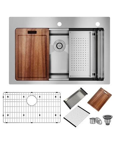 33-Inch Stainless Steel Kitchen Sink Workstation Dual Installation Method Single Grooves With 2 Faucet Holes With Cutting Board