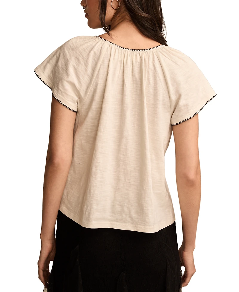 Lucky Brand Women's Cotton Contrast-Trim Short-Sleeve Peasant Top