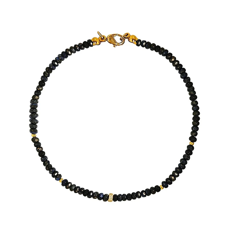 Created Blue Sapphire Beads with Gold Toned Rondel Necklace Paved with Cubic Zirconia 16 inches Adjustable