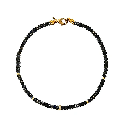 Created Blue Sapphire Beads with Gold Toned Rondel Necklace Paved with Cubic Zirconia 16 inches Adjustable