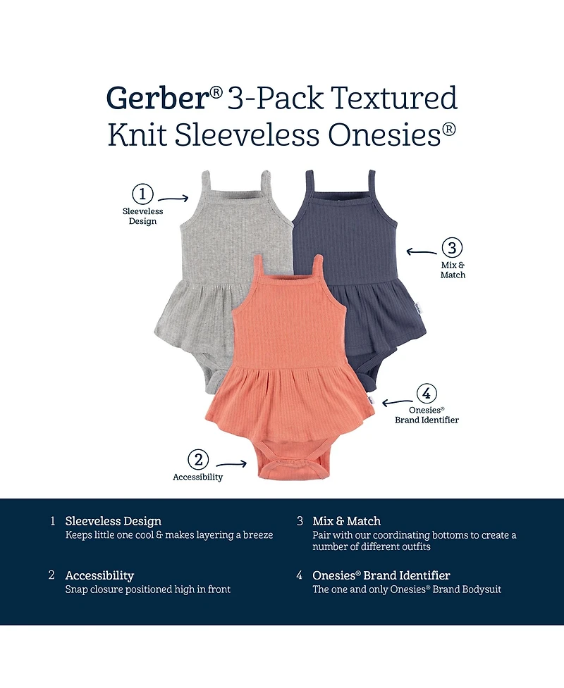 Gerber Baby Girls 3-Pack Sleeveless Skirted Onesies Bodysuits, Antique White, 3-6M