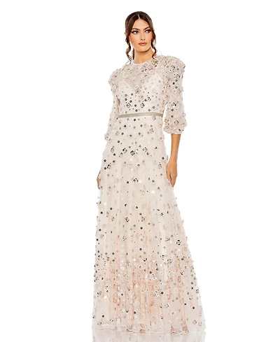 Mac Duggal Women's Floral Applique Puff Sleeve High Neck A-Line Gown