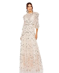 Mac Duggal Women's Floral Applique Puff Sleeve High Neck A-Line Gown
