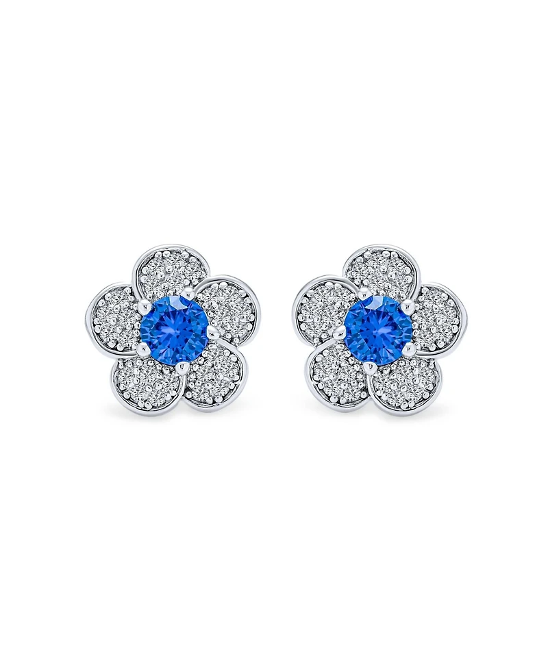 Bling Jewelry Flower Petals Cubic Zirconia Pave Cz Stud Earrings Blue Center Silver Plated Brass