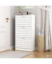 Wooden 3-door white shoe cabinet, shutter door drawers, multi-purpose shoe rack with adjustable shelves