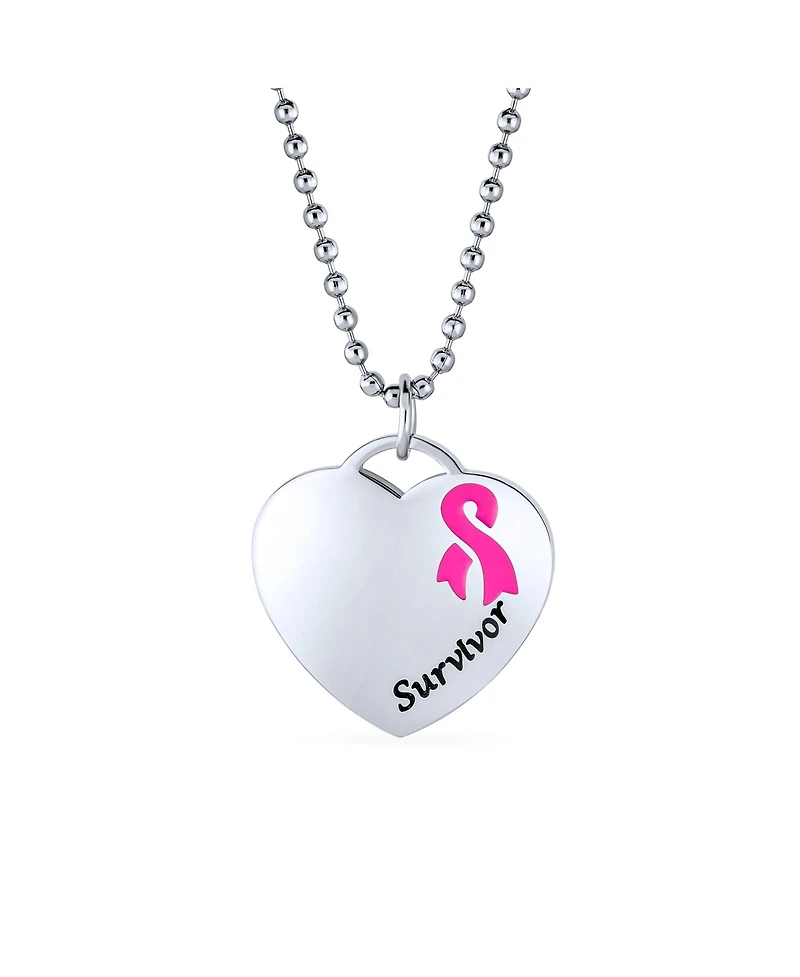 Bling Jewelry Heart Pink Ribbon Breast Cancer Survivor Pendant Necklace Silver Stainless Steel