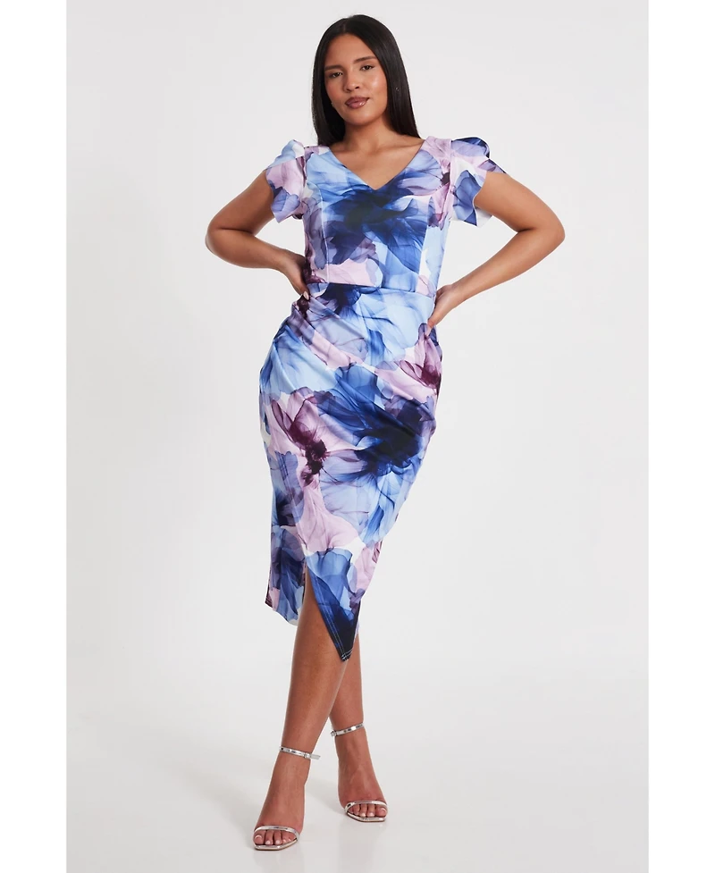 Quiz Women's Scuba Floral Frint Cap Sleeve Midi Bodycon Dress