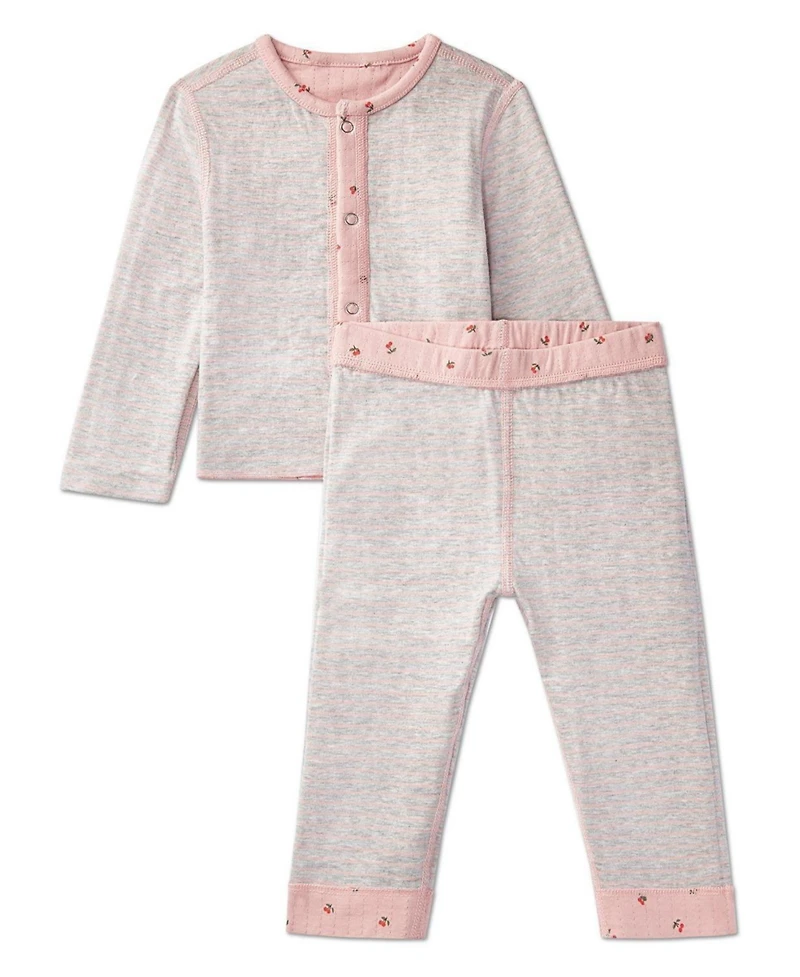 MeMoi Baby Girls 2 Piece Reversible "Sweet Cherry" Pointelle Snap-Up Top and Pants Set