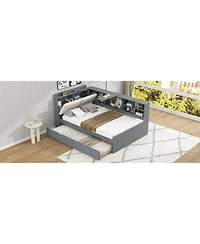 Streamdale Wood Twin Size platform bed with Trundle, Shelves and Storage Headboard, Gray