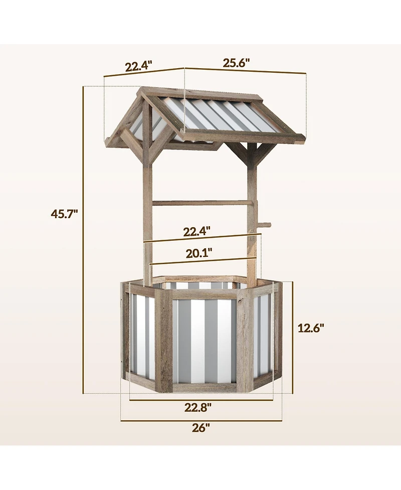 Outsunny Wooden Wishing Well Planter with Galvanized Canopy, Light