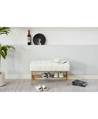 Streamdale Embroidered Fabric Upholstered Shoe Bench with Shelf and Metal Legs