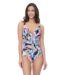 Profile by Gottex Women's Aura D Cup V Neck One Piece with Beaded Ladder Detail