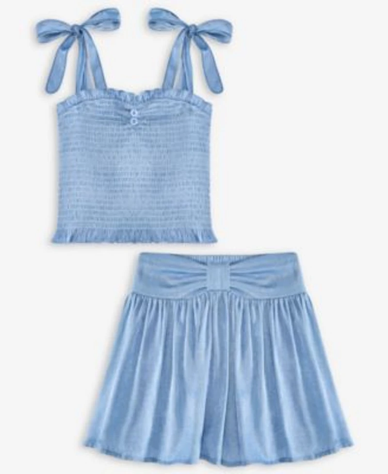 With Jules Big Girls Tie Shoulder Smocked Top Bow Waistband Skirt